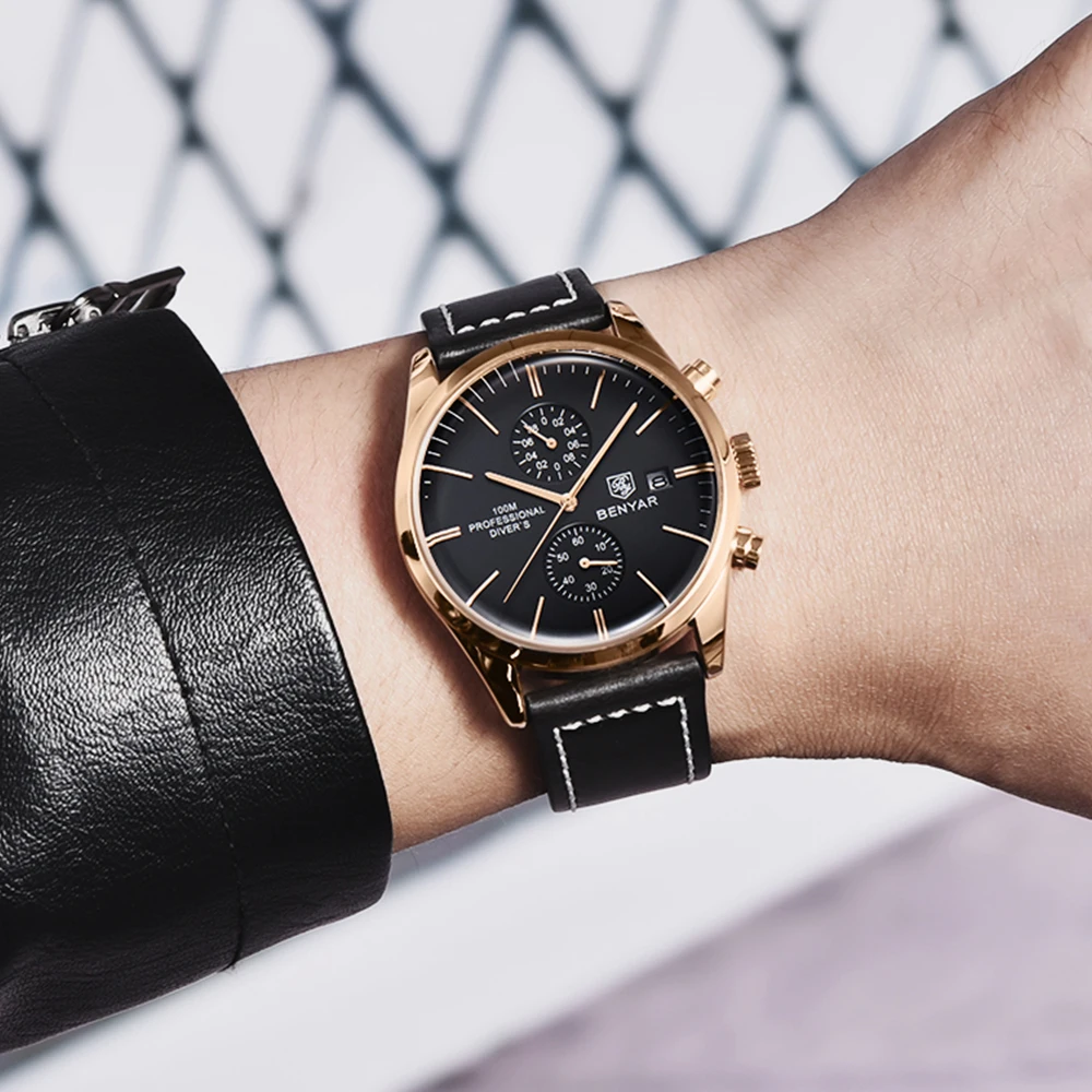 2022 New BENYAR Leather Men Quartz Wristwatches Luxury Brand 100M Waterproof Men Watch Military Sports Chronograph Watch for Men