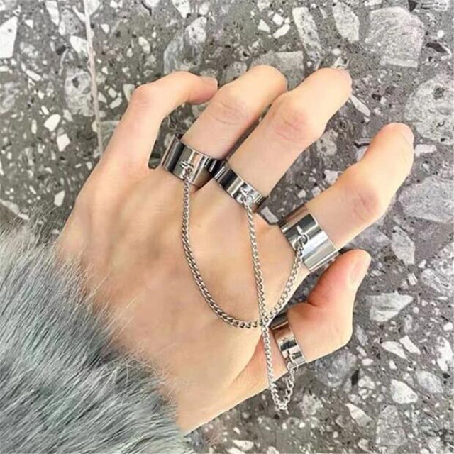 Geometric Silver Color Chain Wrist Bracelet For Women Men Ring Charm Set Couple Emo Fashion Jewelry Gifts Pulsera Mujer