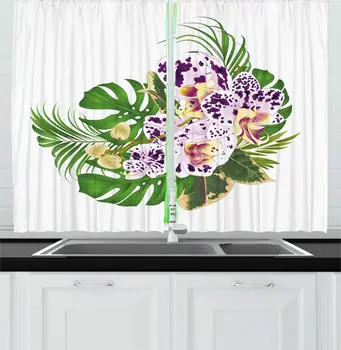 

Fern Green Floral Kitchen Curtains Print of Detailed Budding and Spotted Flowers Arrangement and Leaves for Kitchen Cafe Decor