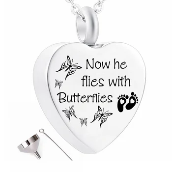

Cremation Jewelry Butterfly Urn Pendant Keepsake Memorial Necklace-Now he flies with Butterflies