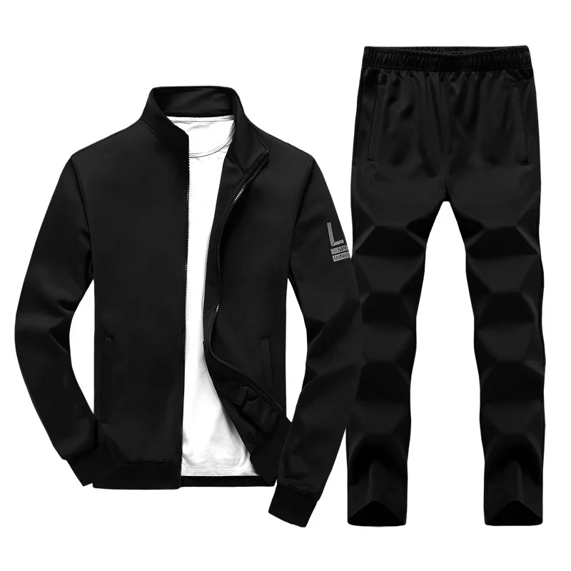 Спортивный костюм для мужчин; повседневные однотонные спортивные костюмы для бега; Спортивный костюм для бега; сезон весна-осень; комплект из 2 предметов; Базовая куртка с воротником+ спортивные брюки; костюмы - Цвет: Black