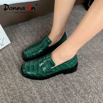 

Donna-in Pleated Crocodile Pattern Cow leather Loafters Shoes Women Square Heels Spring 2020 Female Shoes Flats Fashion Footwear