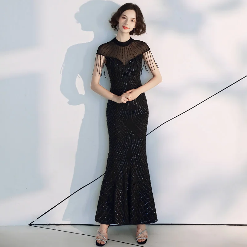 

AE486 Black 2019 Sequined Mermaid Evening Dresses See Through High Neck Floor Length Long Party Dress for Women