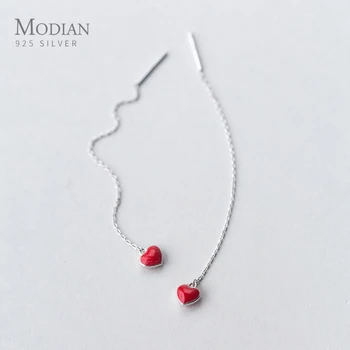 

Modian Long Chain Red Enamel Hearts Swing Charm Drop Earrings 925 Sterling Silver Simple Fashion Dangle Ear For Women Jewelry