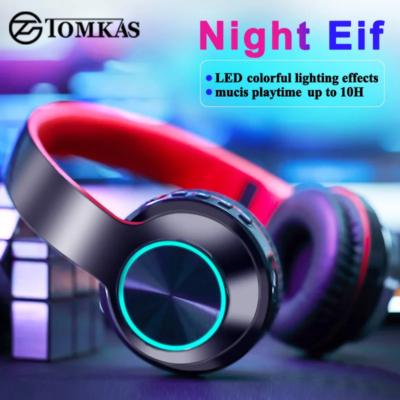 TOMKAS LED Light Bluetooth Headphones Wireless Earphones Stereo Folding Headsets Adjustable Earbuds With Mic TF Card Mp3 Player