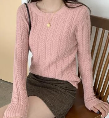 Knitted Sweater Woman Pullover Solid Color Candy Colors Basic Long Sleeves O-neck Jumpers - Цвет: Pink