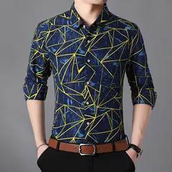 Новинка 2019, мужские осенние рубашки с длинными рукавами, модные рубашки с геометрическим принтом, приталенная хлопковая повседневная