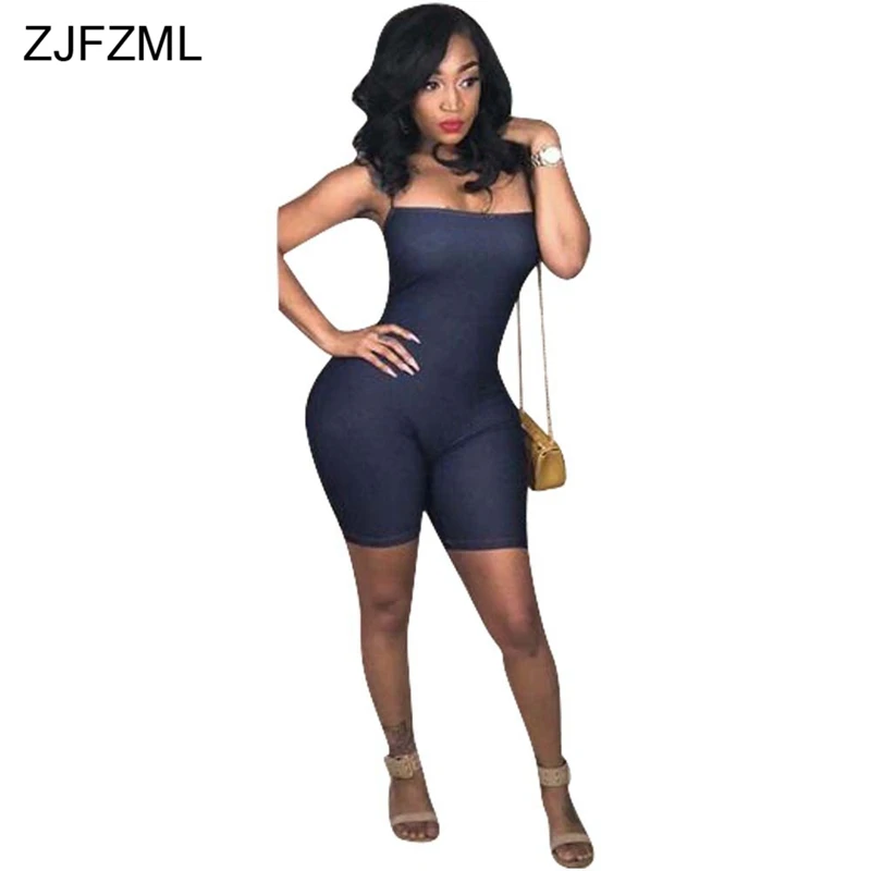 ZJFZML Спагетти ремень ретро короткий комбинезон без бретелек без рукавов облегающий костюм для фитнеса летние женские комбинезоны с открытой спиной женский комбинезон - Цвет: Navy