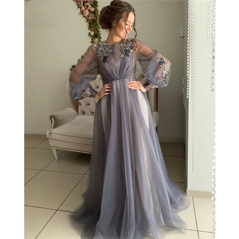 HONGFUYU A-Line Blue O-neck Long Evening Dress Tulle Appliques Long Sleeve Prom Party Gowns with Sashes Formal Dresses Elegant