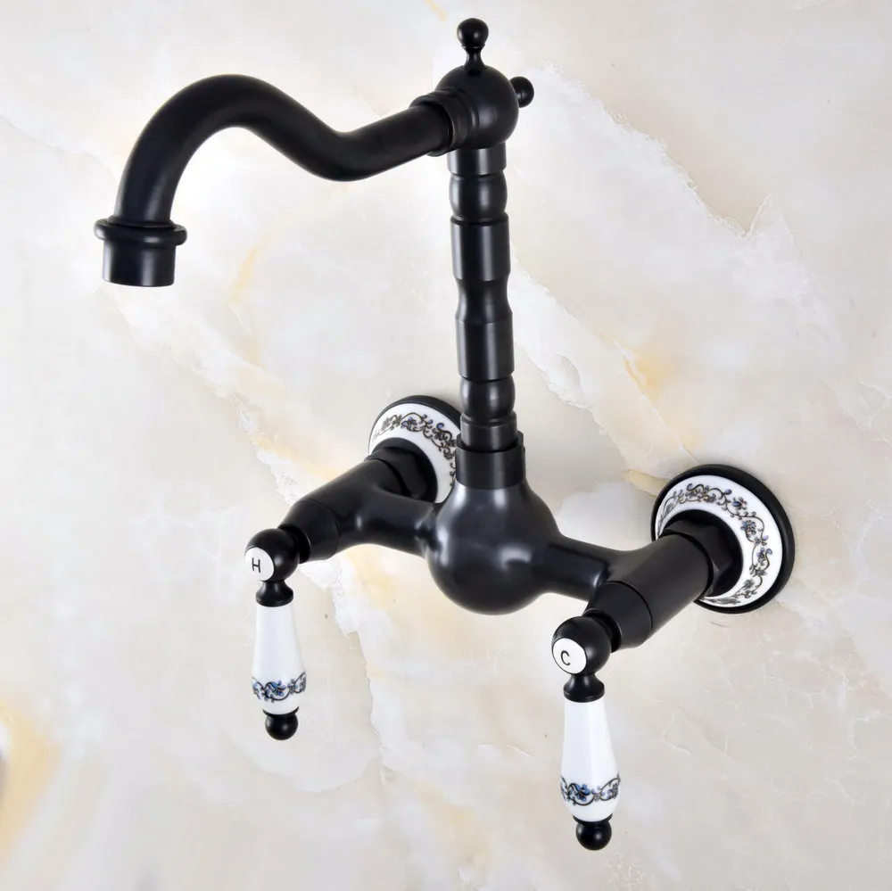 

Black Oil Rubbed Bronze Bathroom Kitchen Sink Faucet Mixer Tap Swivel Spout Wall Mounted Two Handles mnf863