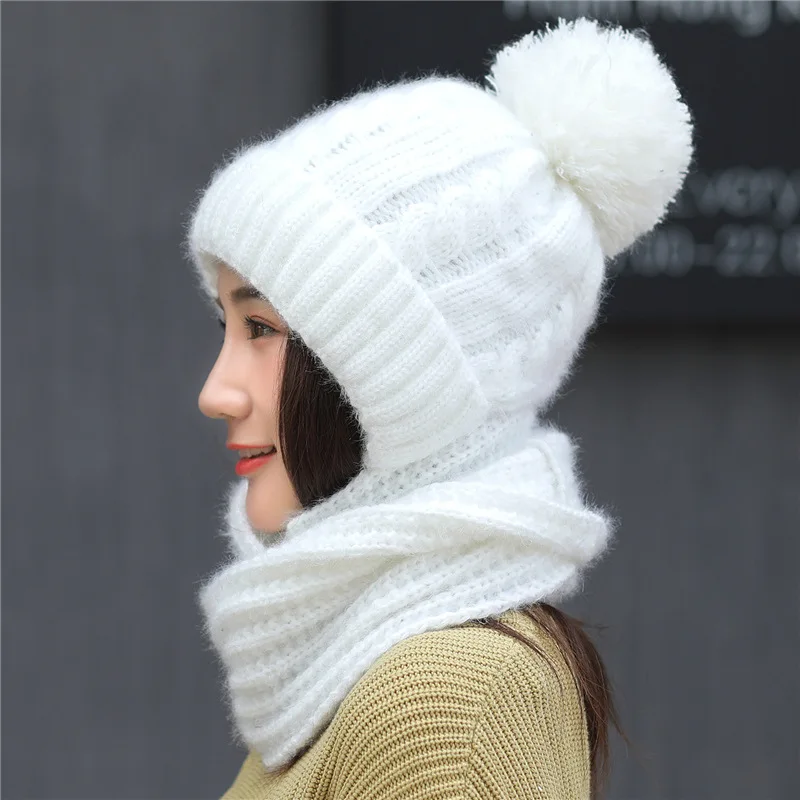 Dilidala,, зимние шапки для женщин, плюс бархат, уплотненный теплый шарф, вязаная шерстяная шапка, шапка, Корейская версия, дикие велосипедные наушники - Цвет: White