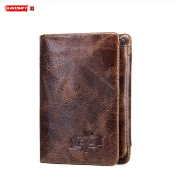 

Large-capacity Casual Genuine Leather Men's Wallet Male Short Tri-fold Wallet Card Holder Coin Purses Wallets Oil Wax Leather