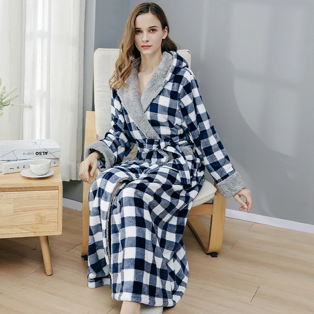 Couples Thick Warm Bathrobe Men Autumn Winter Plaid Patchwork Man Dressing Gown Flannel Hooded Mens Long Bath Robe Nightgown