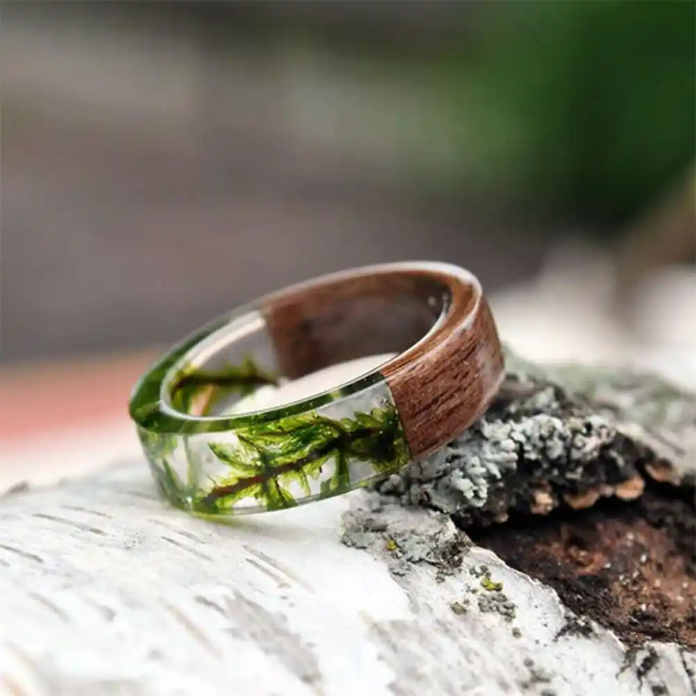 Wood Resin Ring Transparent Epoxy Resin Ring Fashion Handmade Dried
