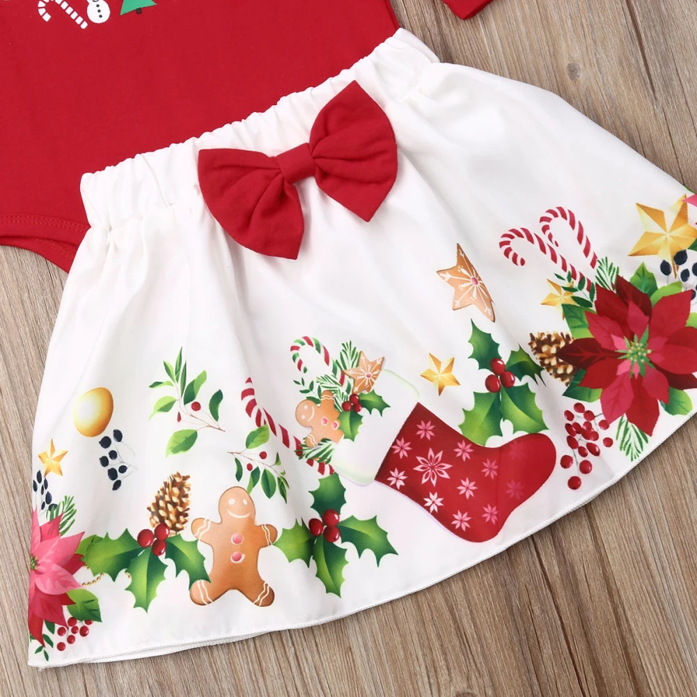 Christmas Newborn Baby Girl Clothes Sets Cartoon Print Romper+Bowknot Skirt 2pcs 0-24M Clothes