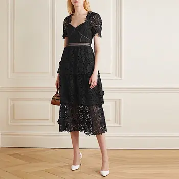 

High-end Quality Brand Runway Dress 2020 Sexy Women Short sleeve Three-dimensional Lace Black Long Dresses