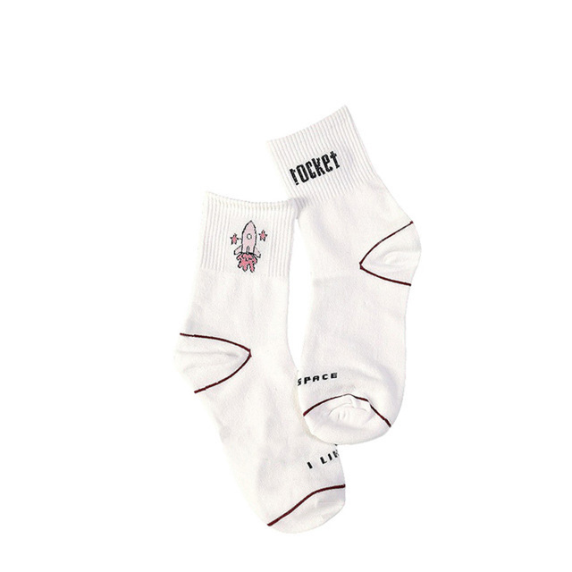 Kawaii Milk Banana Dinosaur Pencil Rocket Cartoon Socks Novelty Illustration Letter White Cute Cotton Sokke Dropship
