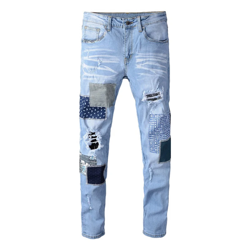 Sokotoo Men's patchwork ripped jeans Light blue holes stretch denim pants Patch design trousers High quality Sokotoo Men's patchwork ripped jeans Light blue holes stretch denim pants Patch design trousers High quality