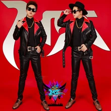 Бар ночной клуб певец Корейская версия красный и черный мотоцикл заклепки кожаная куртка платье представление