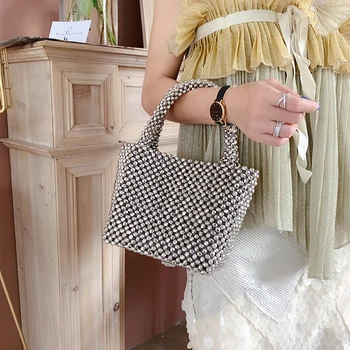 

Weave Silver Pearl Beaded Handbag Arts and Crafts Lady Tote Shining Elegant Luxury Evening Bag for Dinner Party Banquet Wedding