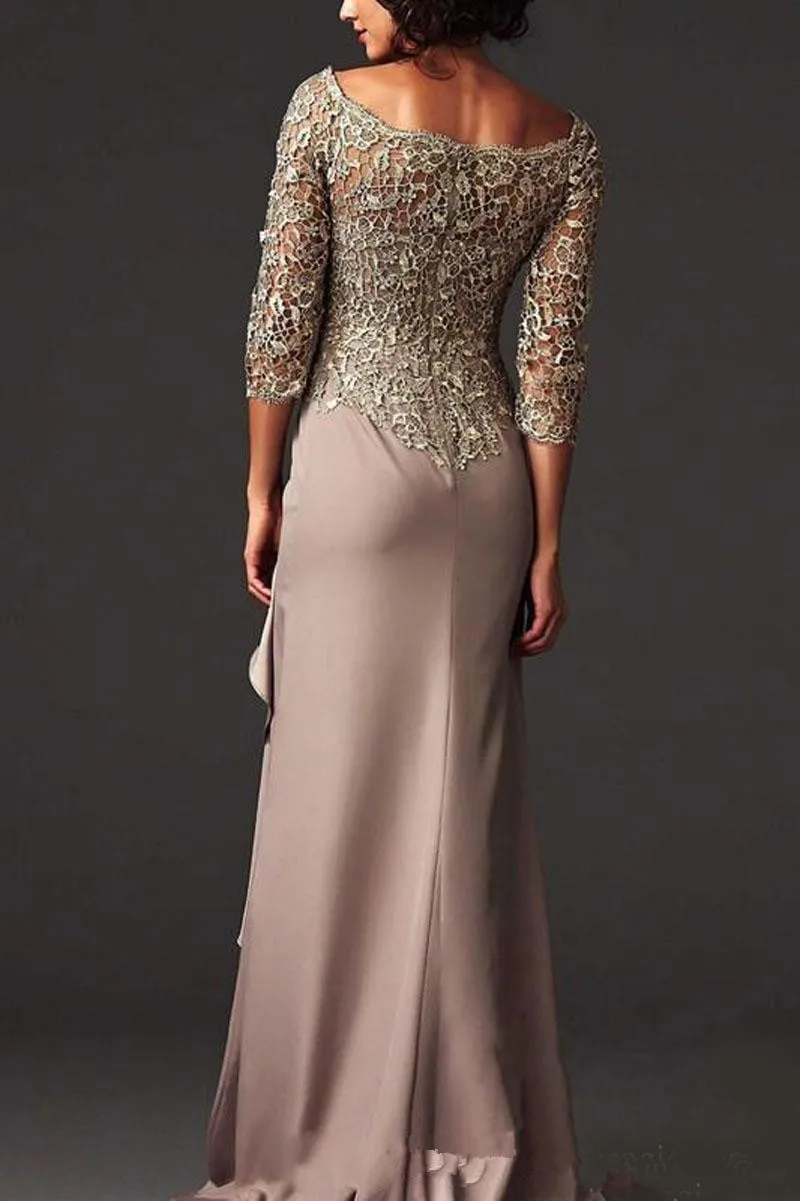 Floor Length Beads Pearls Lace 3/4 Sleeves Chiffon Elegant Mother of the Bride Dresses 2020 Jewel Vintage Prom Dresses