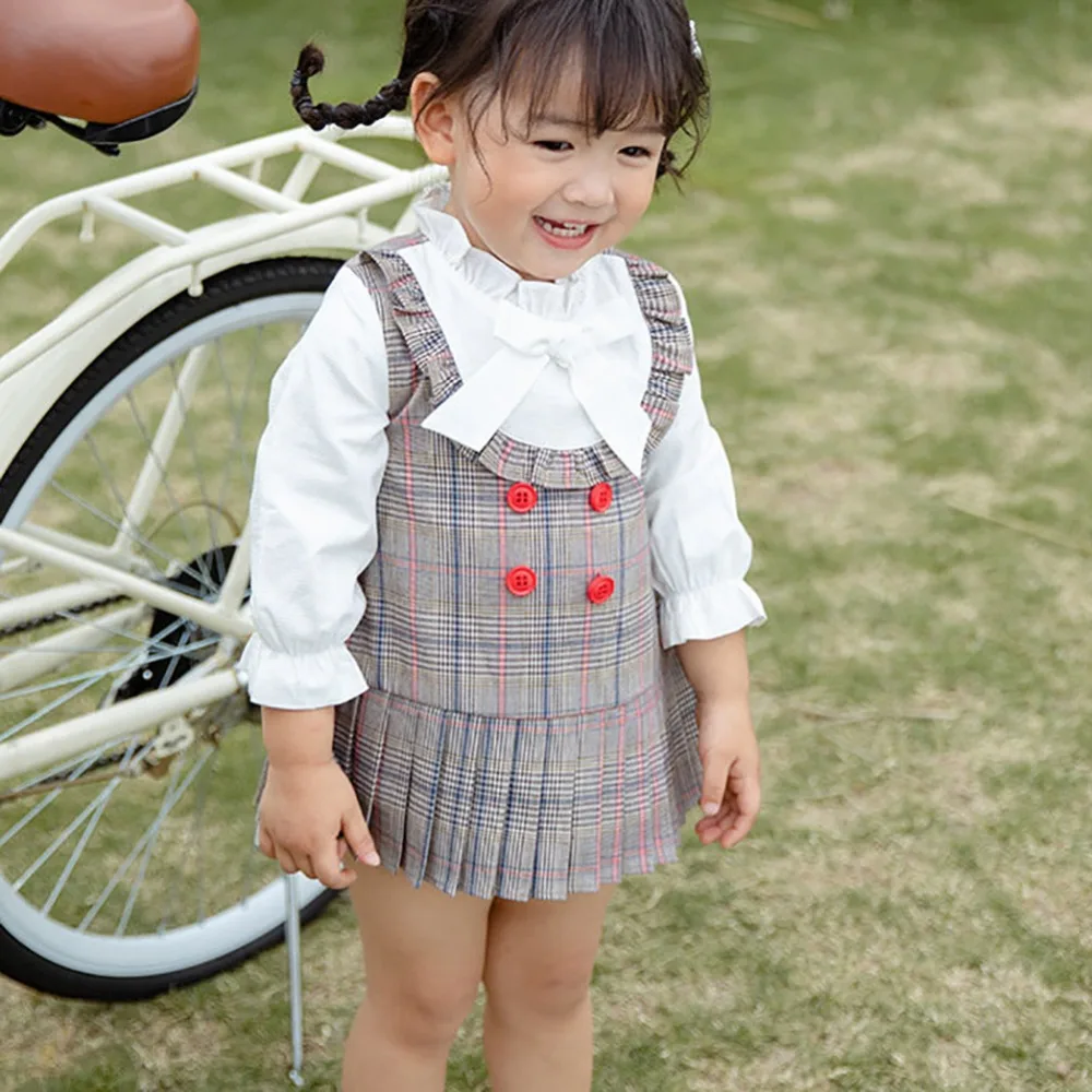 Dress1-7T для маленьких девочек Милая одежда для маленьких девочек милое платье принцессы в клетку с фальшивым принтом, длинный рукав до