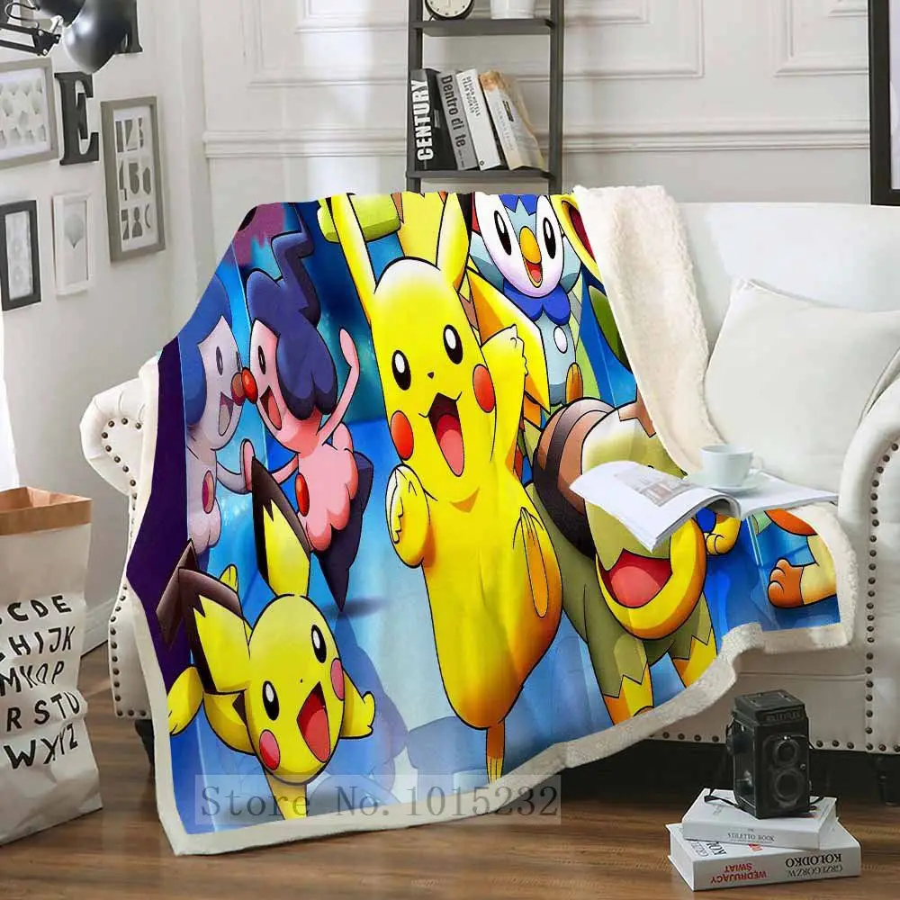 Одеяло Pokemon Pikachu с 3D принтом из шерпы, покрывало для дивана, покрывало для путешествий, постельные принадлежности, бархатное плюшевое Флисовое одеяло, покрывало