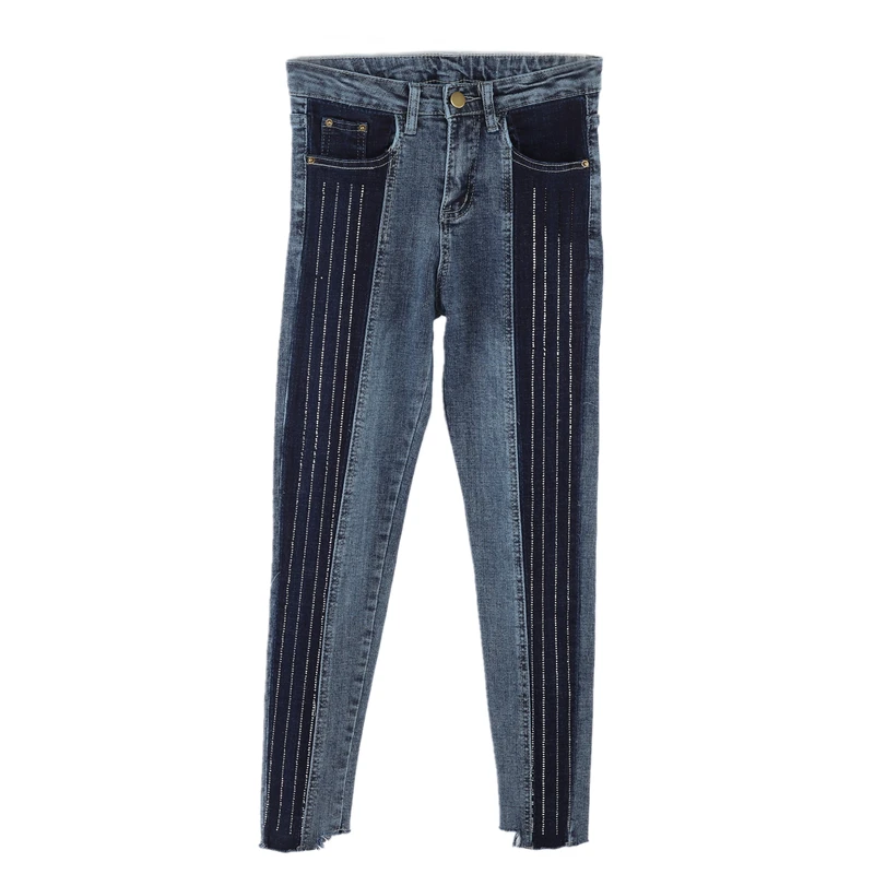 Heavy work hot drilling contrast color jeans womenspring and autumn new high waist tight skinny feet ankle length pencil jeans