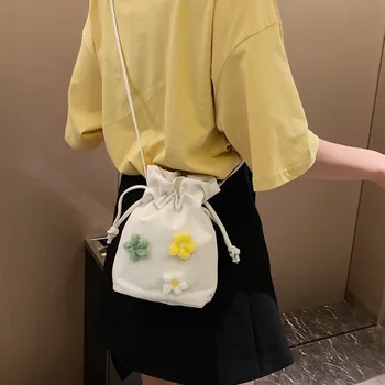 

Women Girls Korean Style Drawstring Bags Fashion Design Casual Small Floral Pocket Money Bag Beam Pocket Canvas Bag