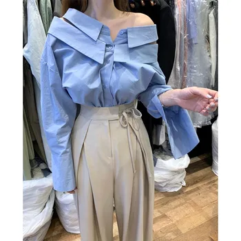 

2020 Spring New Women's Strapless Long Sleeve Blouse Solid Color Double-layer Collar Mid Long Shirt Female Tops
