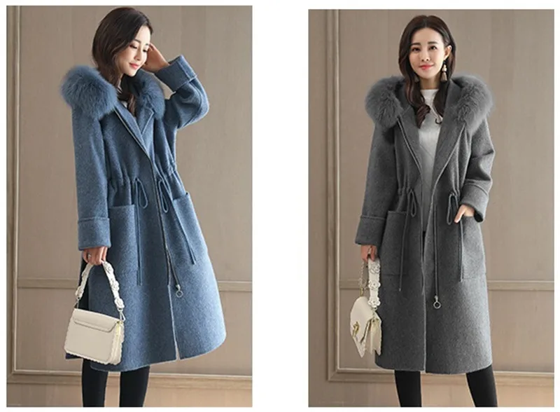 Зимнее шерстяное пальто Женская куртка новые женские длинные дизайнерские модные меховой капюшон, воротник пальто элегантные женские шерстяные пальто зимняя одежда