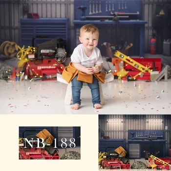 

Little Boy Children Birthday Photography Backdrop Repair Worker Themed Children Portrait Background Car Wrench Photo Booth
