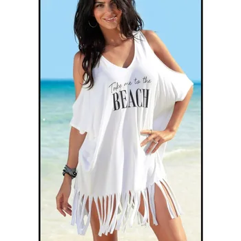 

Summer New Dress Female Letter V-neck Cold Shoulderless Beach T-shirt Casual Wear Women's Sunscreen Clothing Female Bikini Top