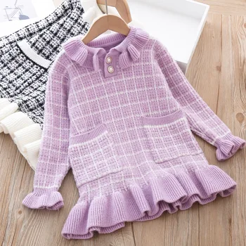 

Girls' Knitted Sweater long sleeve dress fall / winter 2020 new girl baby's Lapel plaid sweater dress children's Ruffle Dress