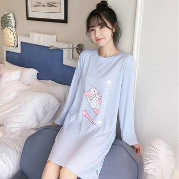 

2020 Autumn 100% Cotton Student Nightdress Nightgowns for Women Long Sleeve Night dress Girl Cute Cartoon Home Dress sleepshirts