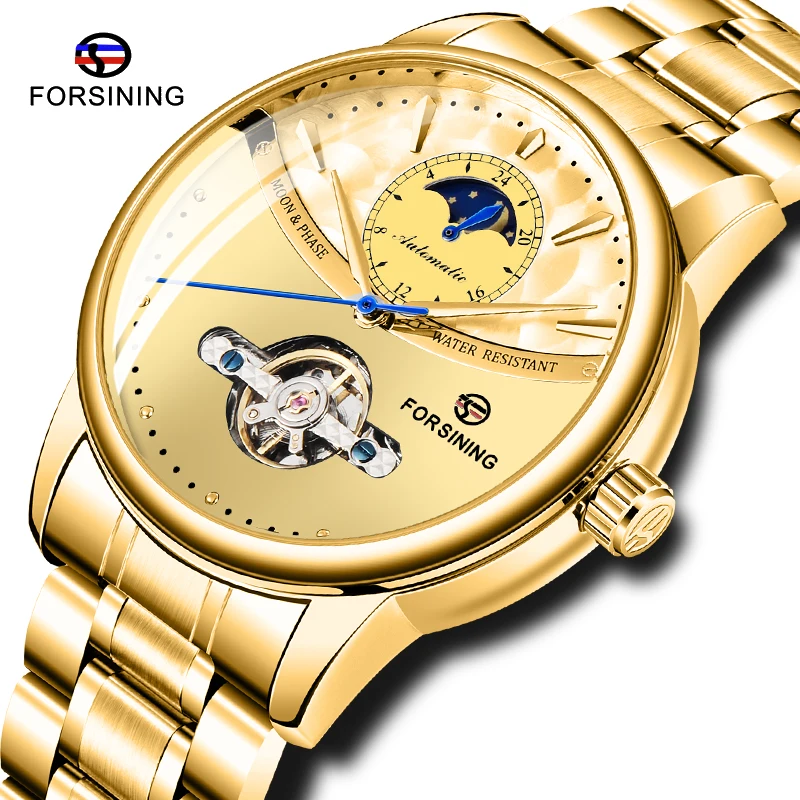 

Men Watch FORSINING Automatic Mechanical Golden Dial Stainless Steel Moon Phase Tourbillon Waterproof Clock Relogio Masculino