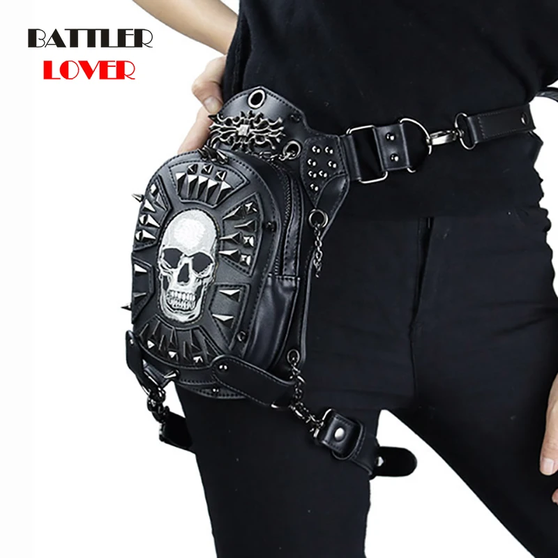 PU Leather Women Waist Bag Rivets Skull Crossbody Shoulder Bag Motorcycle Drop Leg Belt Bags Punk Rock Message Bag Hip Pouch Men