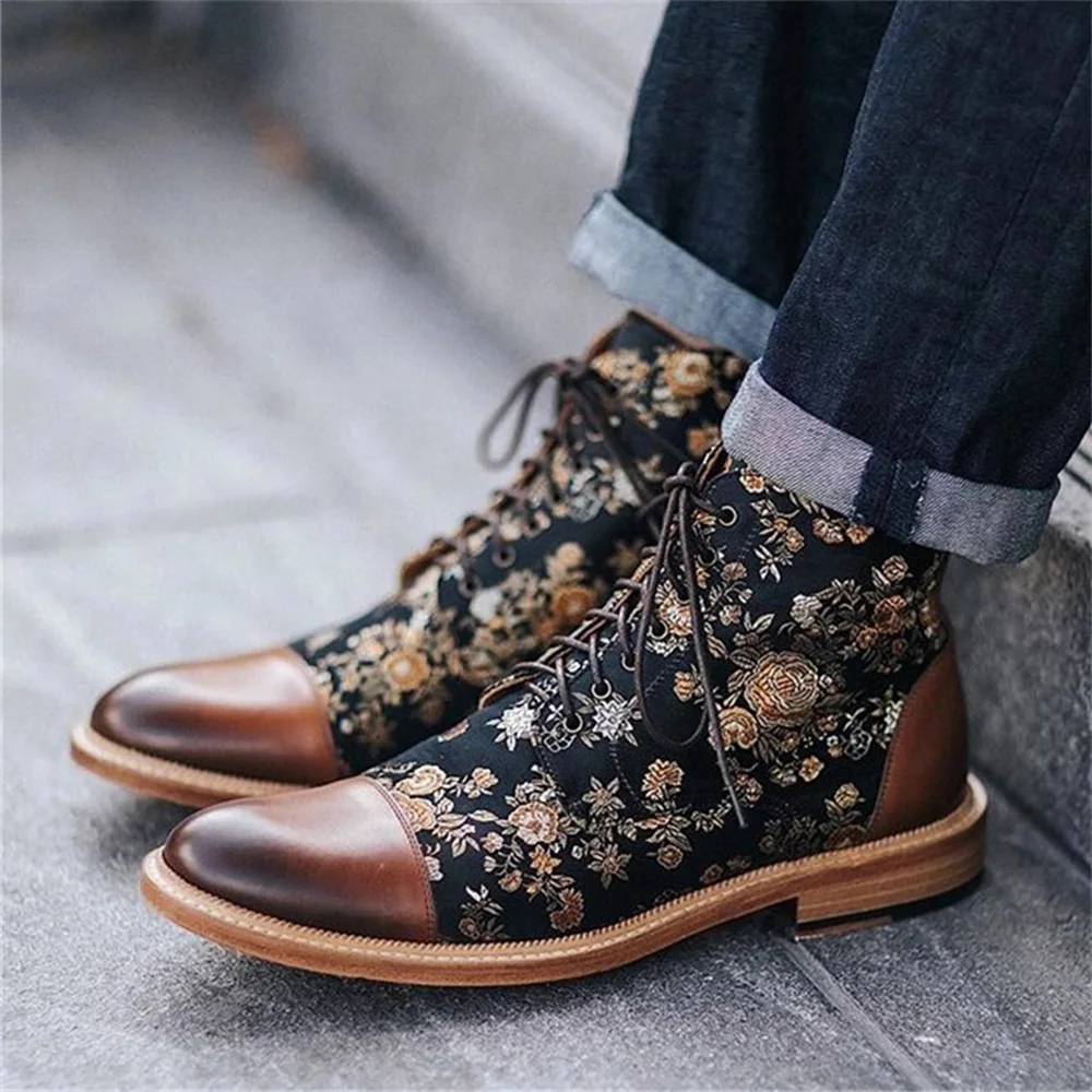 MRCAVE Men Boots Fashion Round Toe Botas Lace Up Pu Leather Shoes Zapatos De Hombre Winter Mens Booties Floral Print Ankle Boots