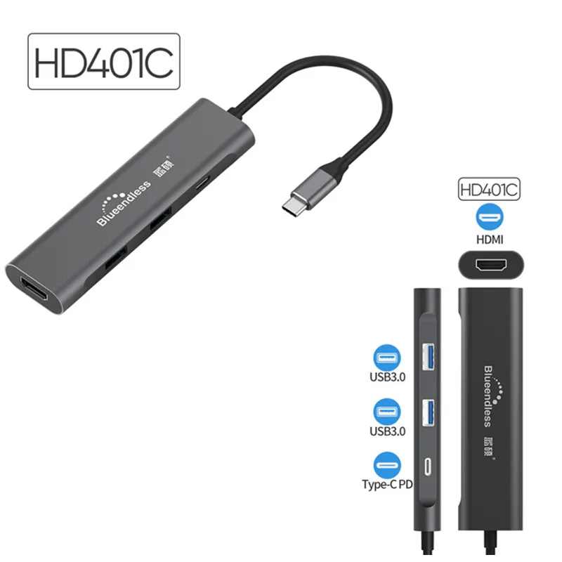Blueendless usb c концентратор USB3.1 type c до 4 портов USB3.0 высокоскоростной usb поддержка 5 Гбит/с для MacBook pro type c концентратор - Цвет: HD401