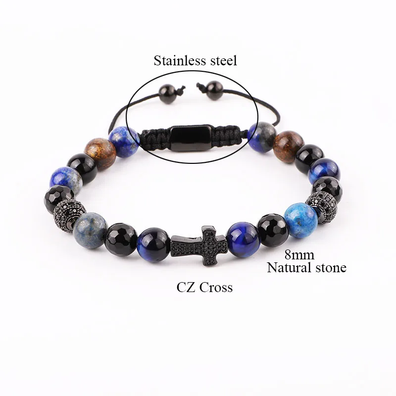 High Quality CZ Pave Cross Charm Natural Stone Black Agate Tiger Eye Bronze Stone Beaded Custom Macrame Bracelet Men Women - Image 2
