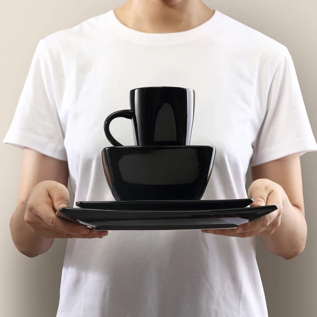 Vancasso Soho 16/32/48 Darab Fekete Kerámia Porcelán Négyzet Alakú Étkészlet Vacsora Tányérral, Desszert Tányér, Tál, 240 Ml Bögre Szett - Image 6