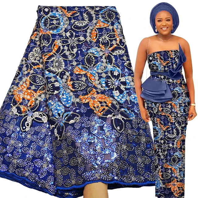 Bestway Net Lace Fabric 2021 High Quality Sequins Embroidery Nigerian Robe Sewing Material 5 Yards African Lace Fabric Printed royal blue-as pic