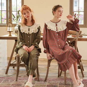 

Mori Girl Pajamas Set Ruffle Peter Pan Collar Medieval Women Top Trousers Renaissance Plaid Flare Sleeve American Nighgown PJs