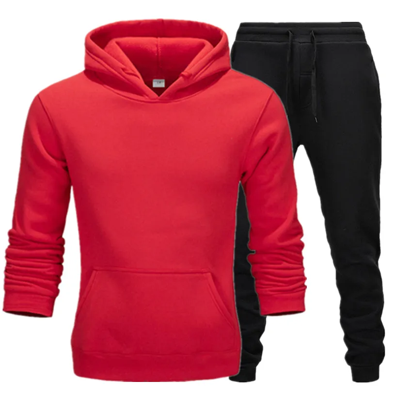 Новая мода для мужчин s толстовки костюмы бренд спортивный костюм мужчин Хип Хоп Толстовки+ тренировочные брюки осень зима флис пуловер с капюшоном - Цвет: Red Pants Black