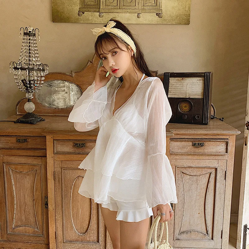 

South Korea New Style Two-piece Swimsuits Women's Three-piece Set Conservative Boxer Belly Covering Small Bust Gathering Bubble