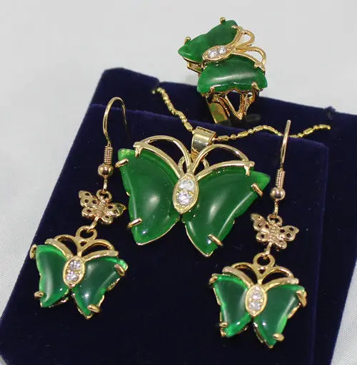 DYY hot sell new - Pretty 18K GP butterfly green jade pendant Necklace earrings ring set | Украшения и аксессуары