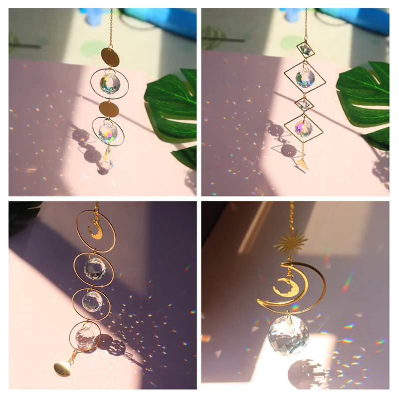 Crystal Geometric Wind Chime Star Moon Pendant Sun Suncatcher Plated Colorful Beads Hanging Drop For Outdoor Indoor Garden