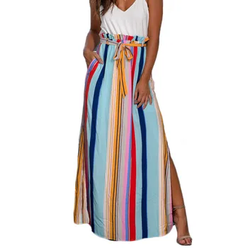 

Women Boho Colorful Striped High Waist long skirts Ladies Girls Split Fashion Beach casual style Ruffles Bandage Bottom Clothes
