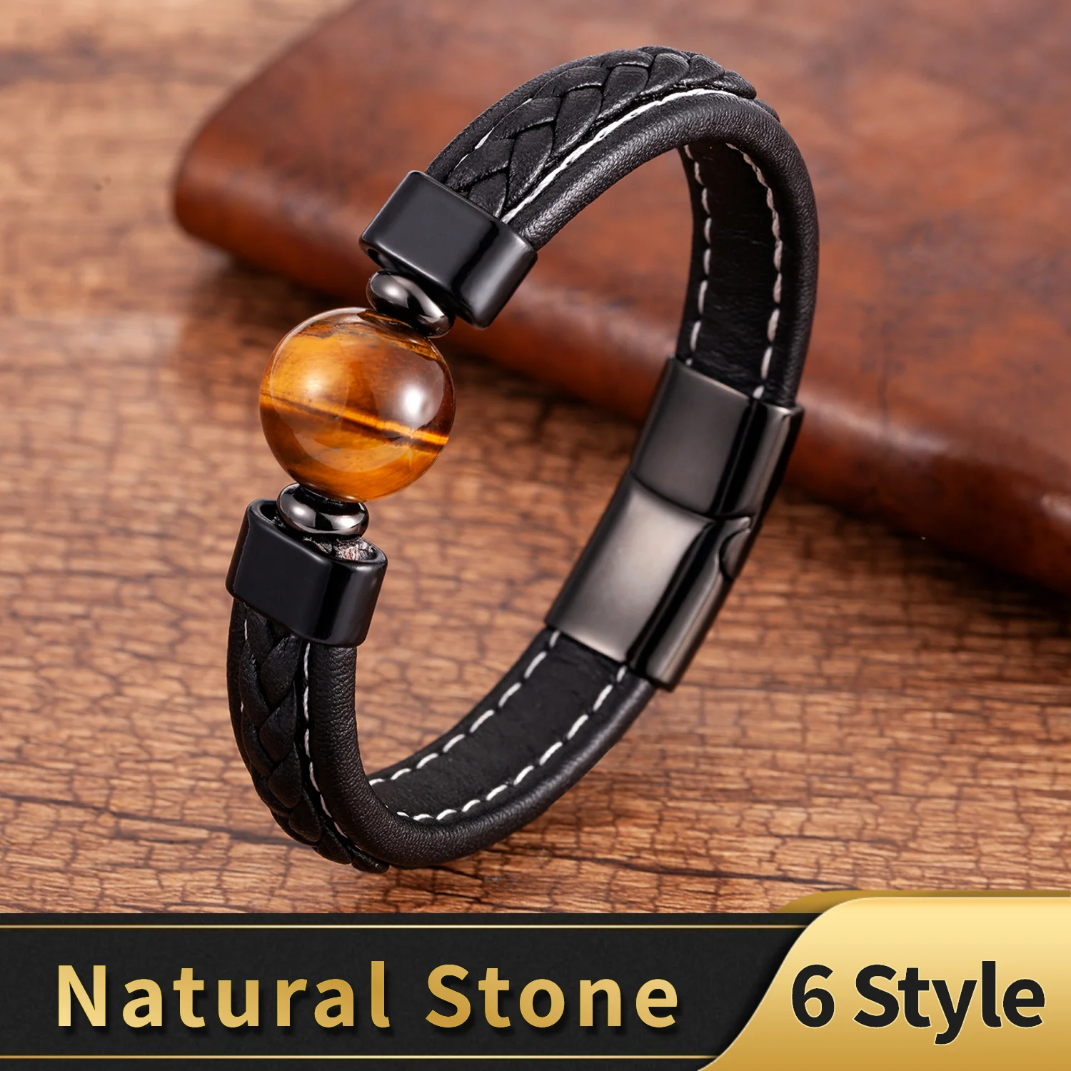 Genuine Leather Bracelets Men Stainless Steel Clasp Charm Bracelet For Male 6 Style Natural Tiger Eye Lava Stone Jewelry