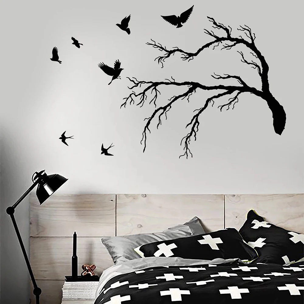 Funny Vinyl Wall Decal For Bedroom Flock Of Birds Gothic Tree Branch Style Wall Stickers Decor Dining Room Cafe Decoration W849